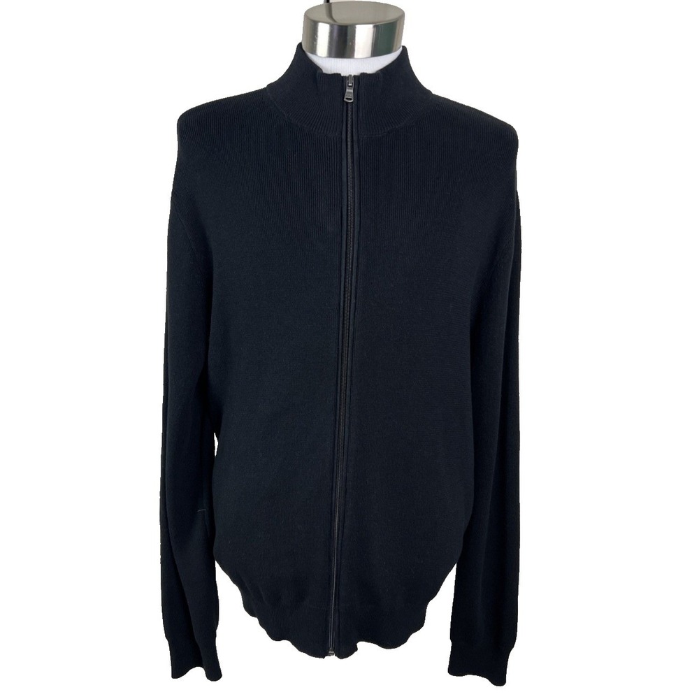 Michael Kors‎ Full Zip Cardigan Mens XL Black Elbow Patch Mock Neck Sweater B16